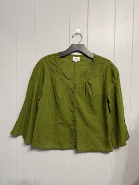 #15)  Anokhi Cotton Olive Green Button-Down Women's Blouse